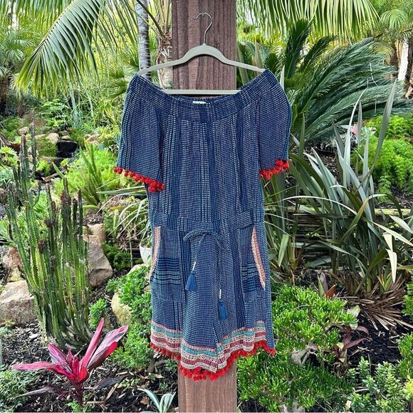 ANTHRO blue romper off the shoulder with embroidery red pompoms sz Large - Picture 1 of 13